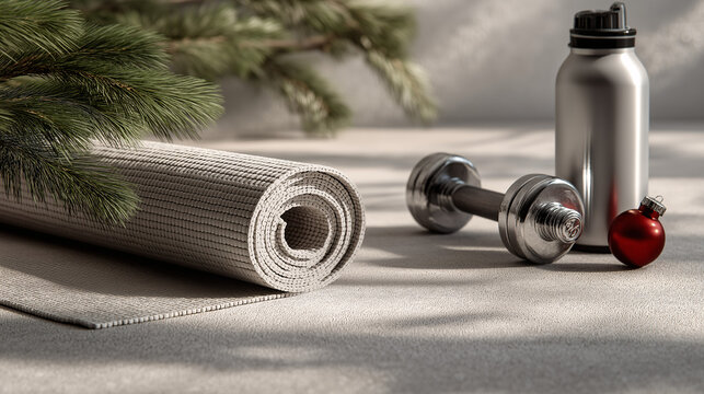 A rolled up yoga mat, dumbbell, water bottle, and a red Christmas ornament rest on a surface under dappled light. Evergreen branches add a touch of holiday cheer