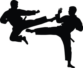 Two black silhouettes of men practicing karate kicks, karate, martial arts, kick, fighting, combat, sport, action, silhouette, black and white, dynamic, movement, training, exercise, discipline, stren
