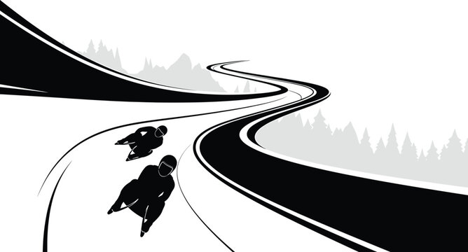 Two skeleton racers on a winding track with mountain background, skeleton racing, winter sport, speed, competition, athletes, track, mountains, trees, black and white, graphic, illustration, sport, ex