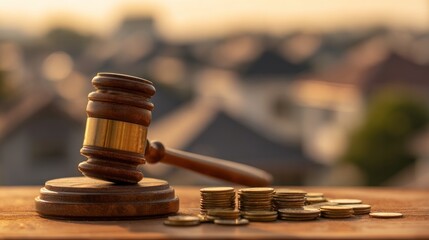 Gavel and coins with soft bokeh background symbolizing finance and legal matters