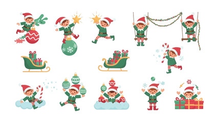 Festive Elves in Holiday: A collection of cheerful elves engage in a variety of holiday activities, including decorating, playing, and delivering gifts, capturing the festive spirit.