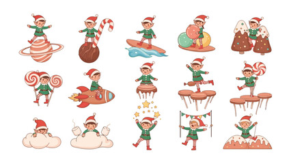  Whimsical Elf Collection: A collection of delightful, whimsical illustrations featuring charming elves in various playful scenarios, exuding a festive holiday spirit.