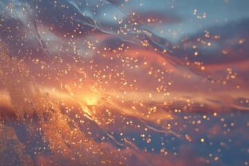 Golden sparkles on glass during sunset, creating dreamy bokeh reflections, ideal for abstract design, festive wallpapers and mood backgrounds.