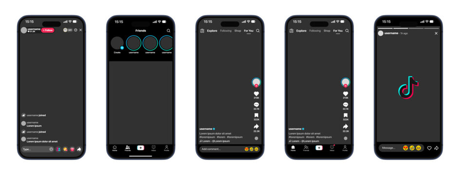 Tiktok updated interface mockup with dynamic feed reels story live explore shop profile bio comments shares saves and full creator tools in a clean modern social layout vector illustration
