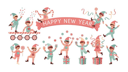 Happy New Year Elves Festivity: Cheerful elves, donned in festive attire, engage in joyful celebration with the words “Happy New Year” set to welcome the holiday season