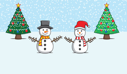 illustration vector two snowman and Christmas tree in falling snow design drawing in colorful