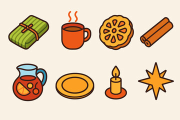 Festive Posada Icons. Warm Posadas Meal flat icons set. tamale, steaming mug, bu&ntilde;uelo, cinnamon, fruit punch, plate, candlelight, starburst