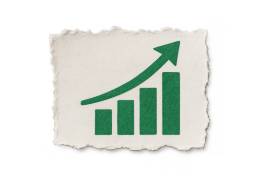 Bar chart graphic with increasing values and an upward arrow symbolizing business financial growth and market progress