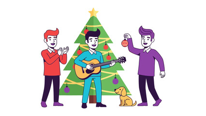 Joyful Christmas Carols: Three friends gather around a decorated Christmas tree, with one strumming a guitar and the others clapping and decorating, filled with merriment and the spirit of the season.