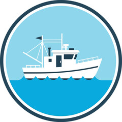 Fototapeta premium Fishing boat on blue water circle icon