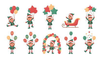 Cheerful Holiday Helpers: A collection of delightful illustrations showcases festive elves adorned in charming attire, reveling in the holiday spirit, ready to deliver joy.
