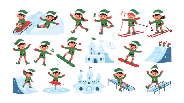 Elf Adventures in a Winter Wonderland: Whimsical illustrations capture the spirited essence of elven escapades in a snow-covered landscape. elves enjoy ice-skating, sledding, skiing, and snowboarding.