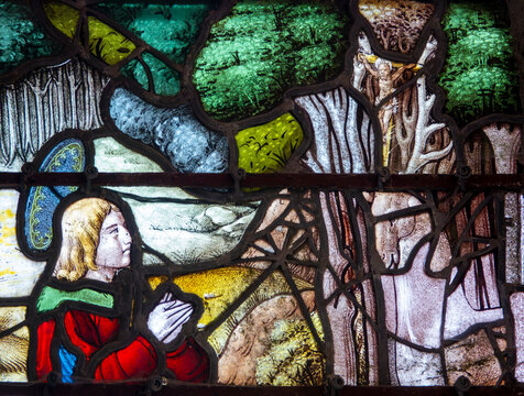 Stained glass (16th century) of Saint Hubertus or Saint Hubert with a deer. Saint of the Roman Catholic Church.
