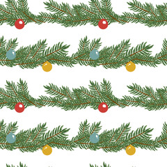 Seamless pattern christmas tree with red, yellow, and blue balls on a white background