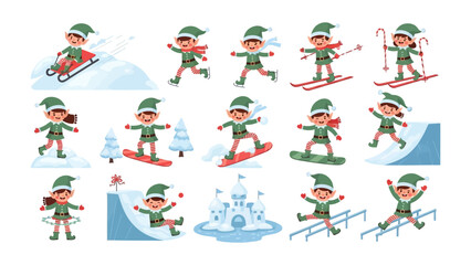 Winter Wonderland of Elves: A playful collection of cartoon elves immersed in winter activities, showcasing a whimsical, action-packed panorama of festive cheer. 