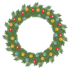 Wreath with green leaves and red, yellow, and blue balls on a white background