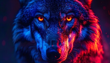 Mystical wolf with glowing orange eyes and split blue-red lighting on smoky background.