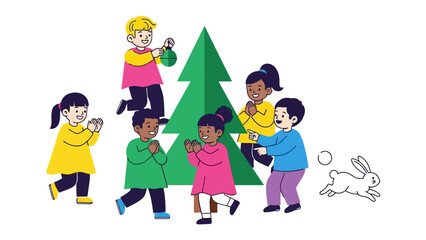 Joyful Winter Gathering: A collection of children encircling and decorating a festive tree, creating a scene brimming with holiday cheer and childlike innocence. 