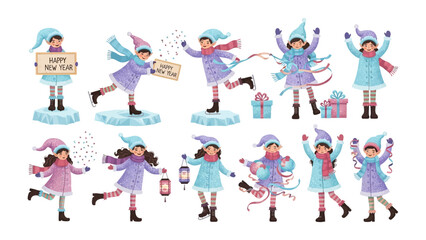 Holiday cheer collection: charming children in winter clothing engaging in a variety of festive activities, including ice skating, gift-giving, and festive sign, creating a warm.