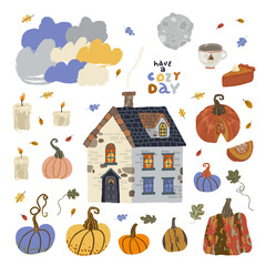 Autumn set of vector illustration of cozy house with a chimney and clouds moon pumpkins candles pumpkin pie mug leaves