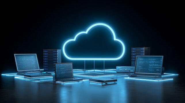 Laptops and servers connected to a glowing blue cloud technology cloud computing
