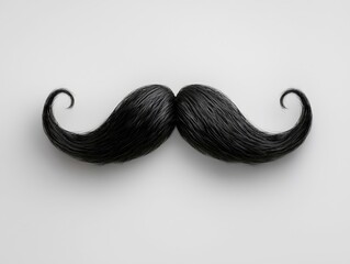 A bold black mustache with elegant curls, set against a minimalist white background, adding a playful touch.
