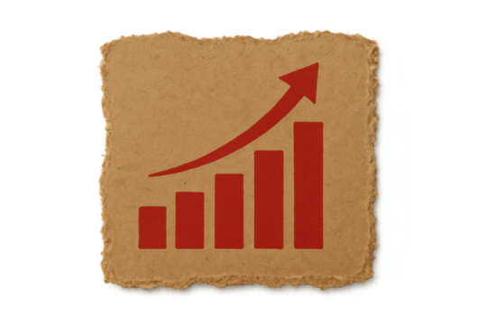 Growth chart on torn rustic paper with rising bar graph and arrow expressing business success, financial progress, and data increase