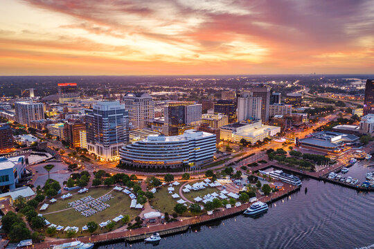 Norfolk, Virginia, USA downtown city skyline from over the Elizabeth River 1649