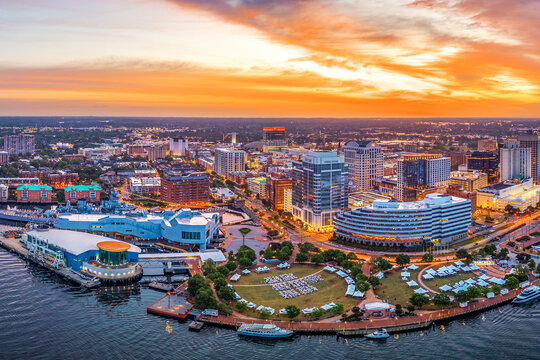 Norfolk, Virginia, USA downtown city skyline from over the Elizabeth River 1644