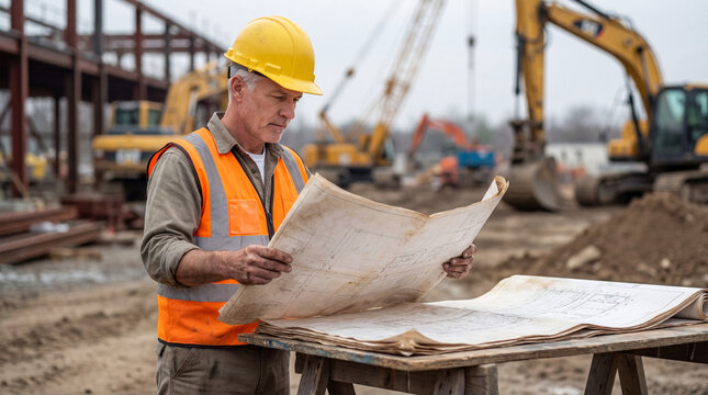 Civil Engineer Checking Blueprints at Construction Site