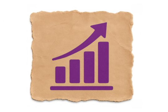 Bar graph with a rising arrow on brown crinkled paper, representing increasing business statistics, investment, and profitable returns
