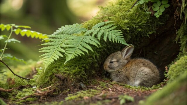 Gentle baby rabbit nestled under fern leaves magical rainforest scene soft moss pillow enchanting nature detail