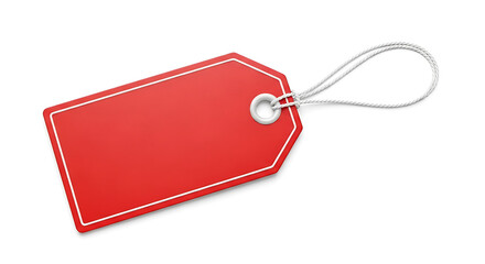 Fototapeta premium A striking red blank tag, elegantly designed with a string, providing a clear canvas for promotional messages, sales events, or product identification in retail