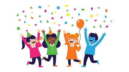 Fototapeta premium Joyful Children's Party: A group of happy children, radiating joy, celebrates with colorful confetti and a cheerful balloon, embodying the essence of youthful delight.