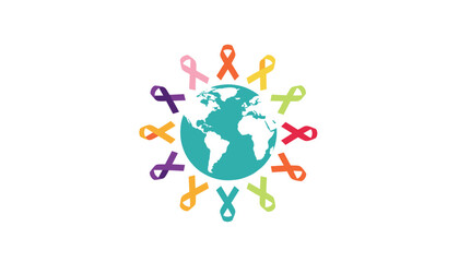 Colorful ribbons surrounding globe symbolizing global awareness campaigns - Concept of world cancer day