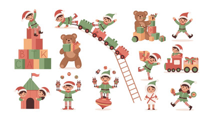 Cheerful Holiday Mischief: A collection of adorable elfs joyfully engaged in holiday activities. Playing and arranging toys, it creates a heart-warming atmosphere.