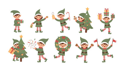Cheerful Elves in Festive Action: A collection of delightful elves joyfully engaged in various festive activities, brimming with the spirit of Christmas and seasonal fun. 