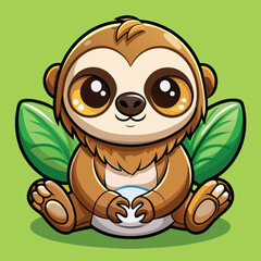 Fototapeta premium Adorable cartoon baby sloth with big eyes and green leaves