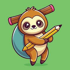Fototapeta premium Adorable cartoon sloth character holding a large pencil ready to draw or write