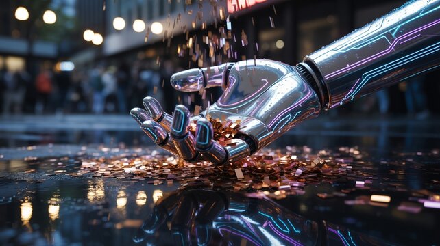 Cinematic close-up of a sleek futuristic robotic hand catching falling glitter in the city