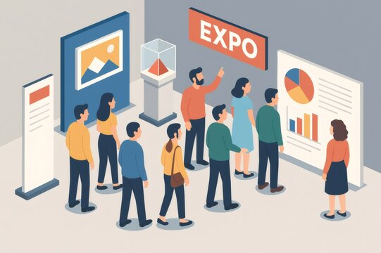 Group of visitors exploring an expo, viewing various displays, and observing a data presentation with charts - Powered by Adobe