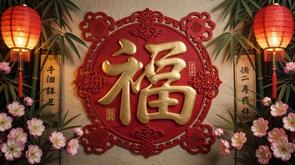 Festive Chinese New Year Poster Featuring Fu Symbol and Red Floral Design Photo