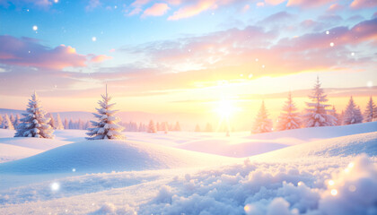 Beautiful sunrise and sunset mountain views with a serene winter church landscape under a cold, cloudy sky and snow-covered trees