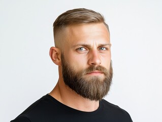 Obraz premium A handsome Caucasian man with a stylish beard and short hair, showcasing confidence and strength.