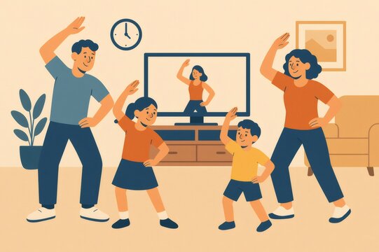 Family doing home workout at home. Parents and children following virtual fitness instructor on TV, staying active