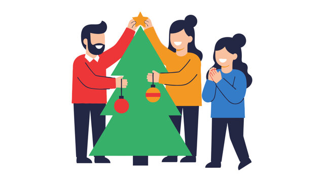 Festive Family Moment: A heartwarming scene unfolds as a family unites to decorate their Christmas tree. Filled with joy and anticipation, it's a timeless holiday tradition.