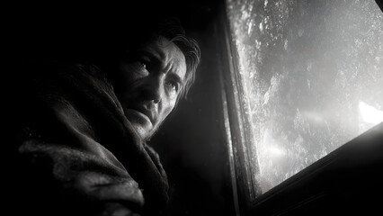 Man wrapped in blanket looking out frosty window in cold room