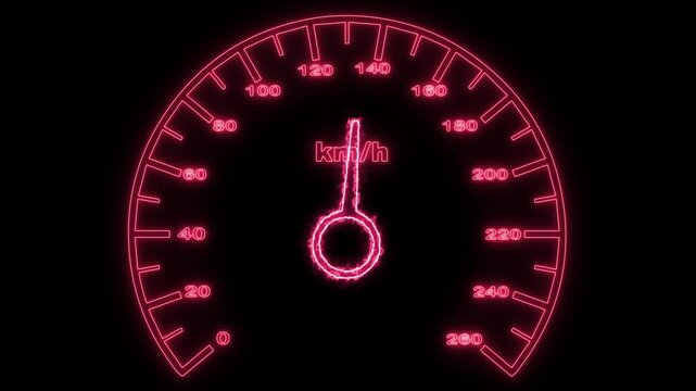 Glowing neon red speedometer gauge animation on black. Represents high speed, racing, danger, and futuristic vehicle dashboards
