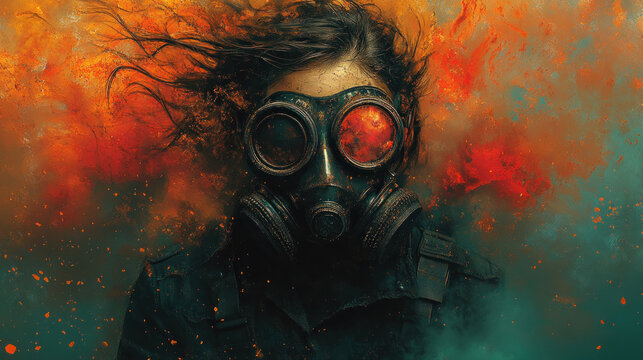 A dramatic post-apocalyptic portrait of a man in a gas mask against the backdrop of a bright explosion and plumes of fiery orange smoke. 
