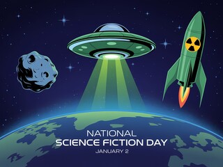 National science fiction day celebrated with ufos rockets and asteroids above earth